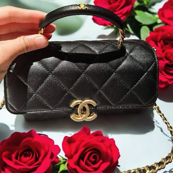 CHANEL 23S Classic Top  Handle Flap Black Caviar Leather Gold HWR Small Bag! - Picture 2 of 16